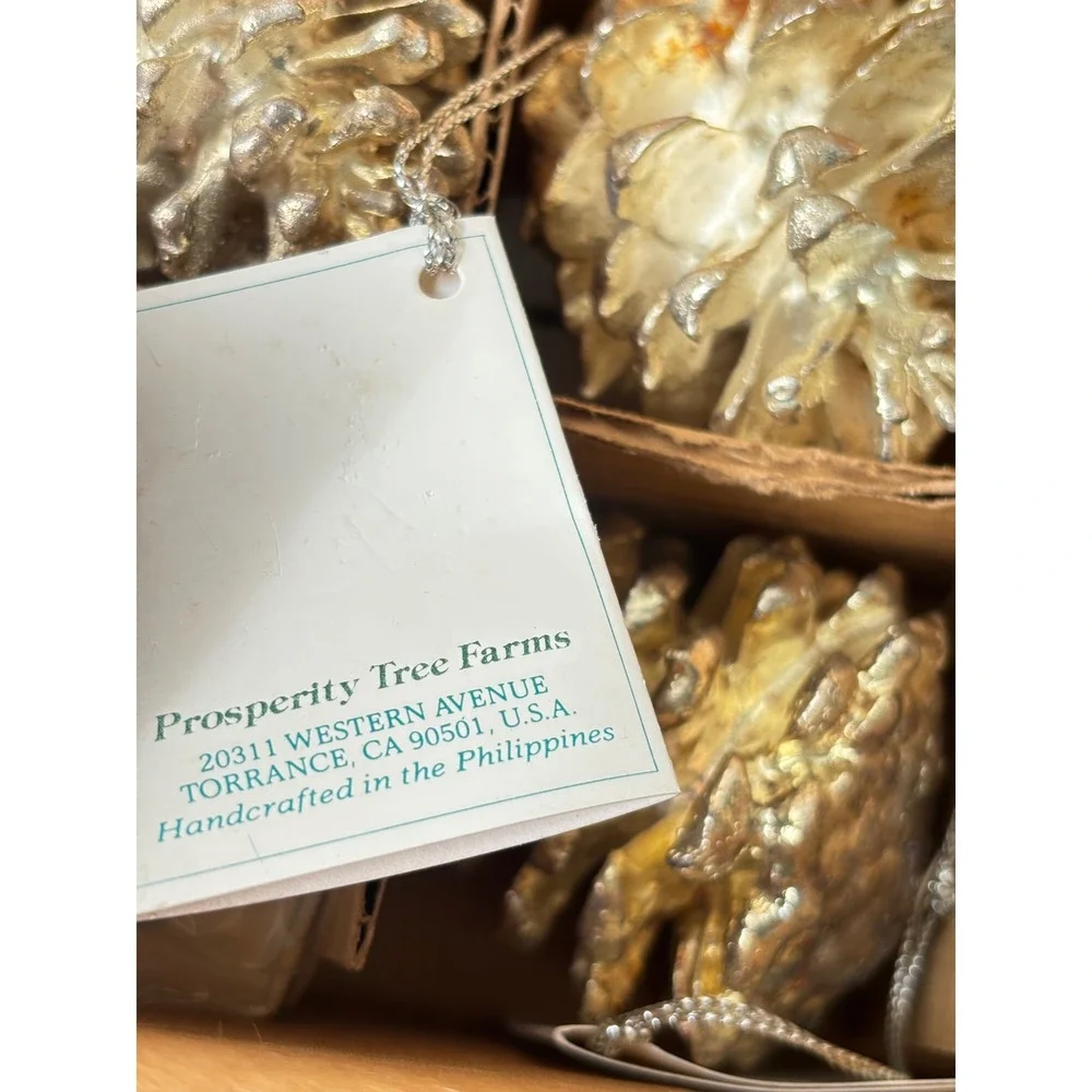 12 Pc Prosperity Tree Farms‎ Silver Pine Pinecone Christmas Ornaments Dipped